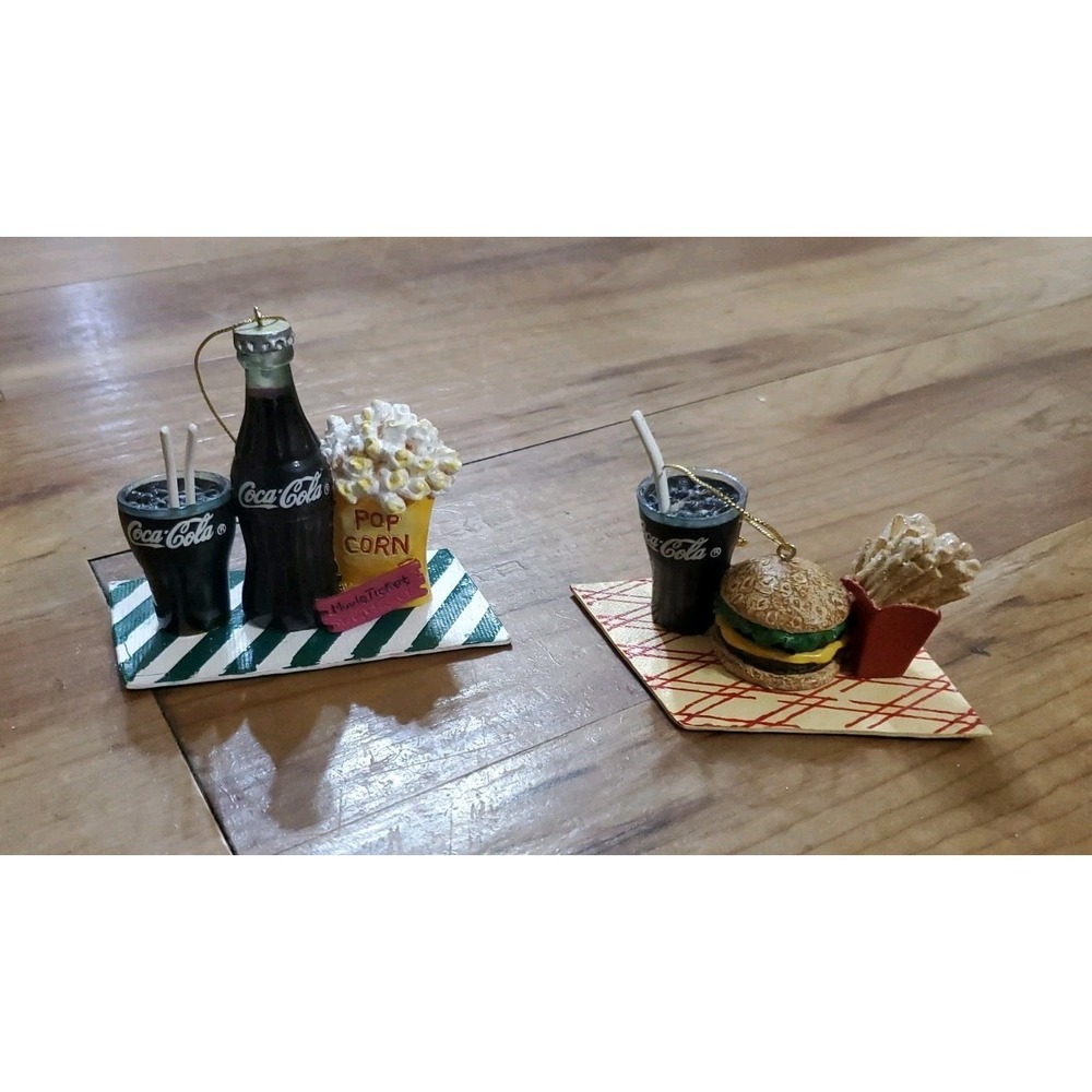 Vtg Coca Cola Christmas Ornaments Coke Bottle Popcorn Movie Burger and Fries Set